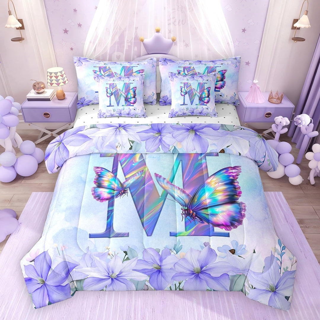 Erosebridal Purple Butterfly Twin Bedding Sets for Girls, Garden Flower Floral Bedding Comforter Set, Personalized M, Reversible, 7 Pieces