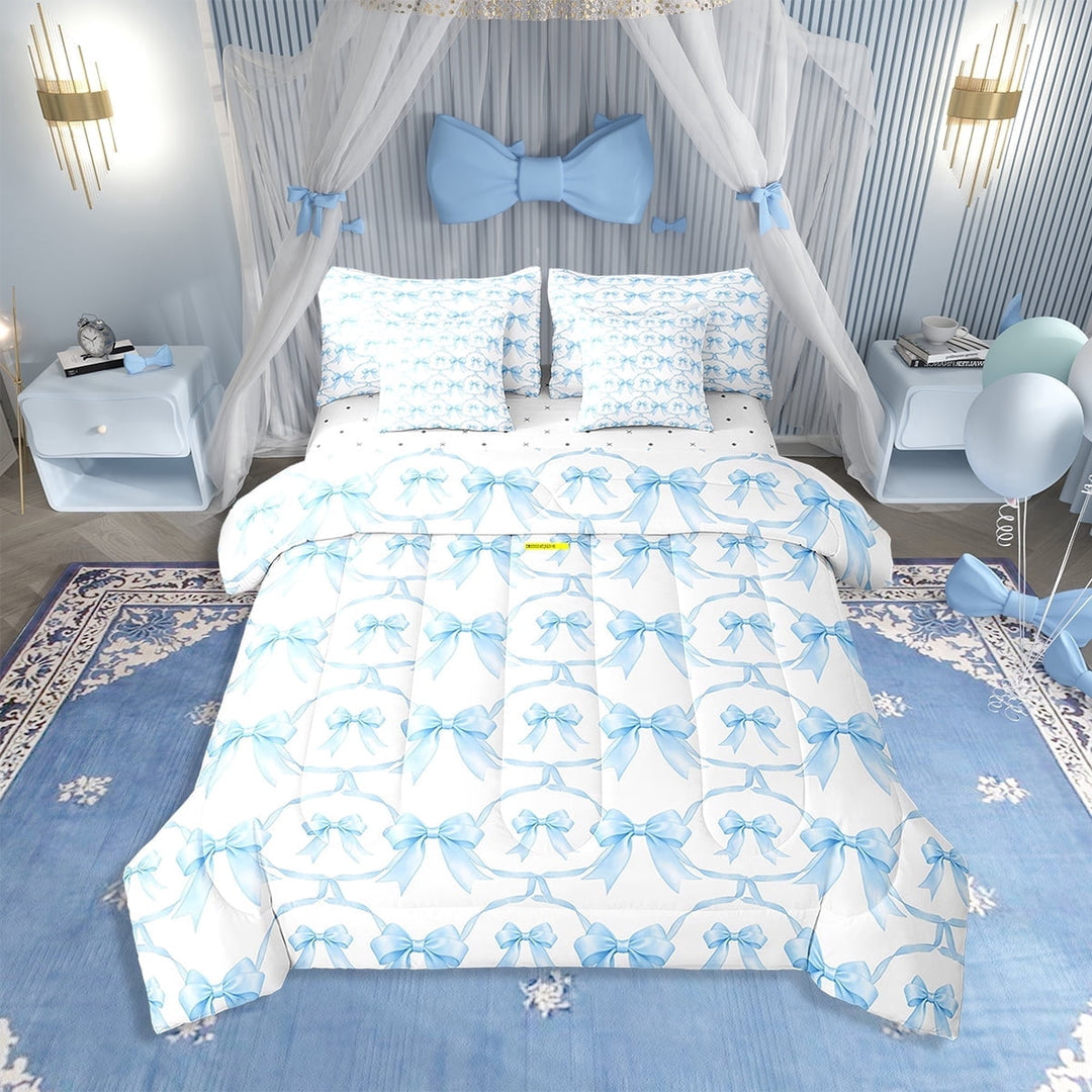 Cartoon Bowknot 7 Piece Comforter Set Queen Bow Knot Bedding Butterfly Knot Bow Tie Sheet Set Bed in A Bag Watercolor Aesthetic Coquette Room Decor Geometric Blue Duvet Insert
