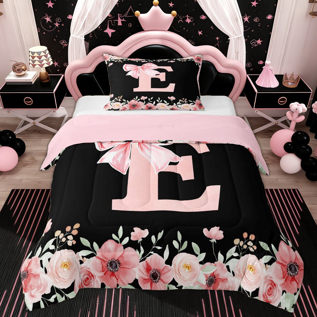Erosebridal Letter E Twin Comforter Sets for Girl, Cherry Blossoms Bedding Set, Black Pink, 2-Piece