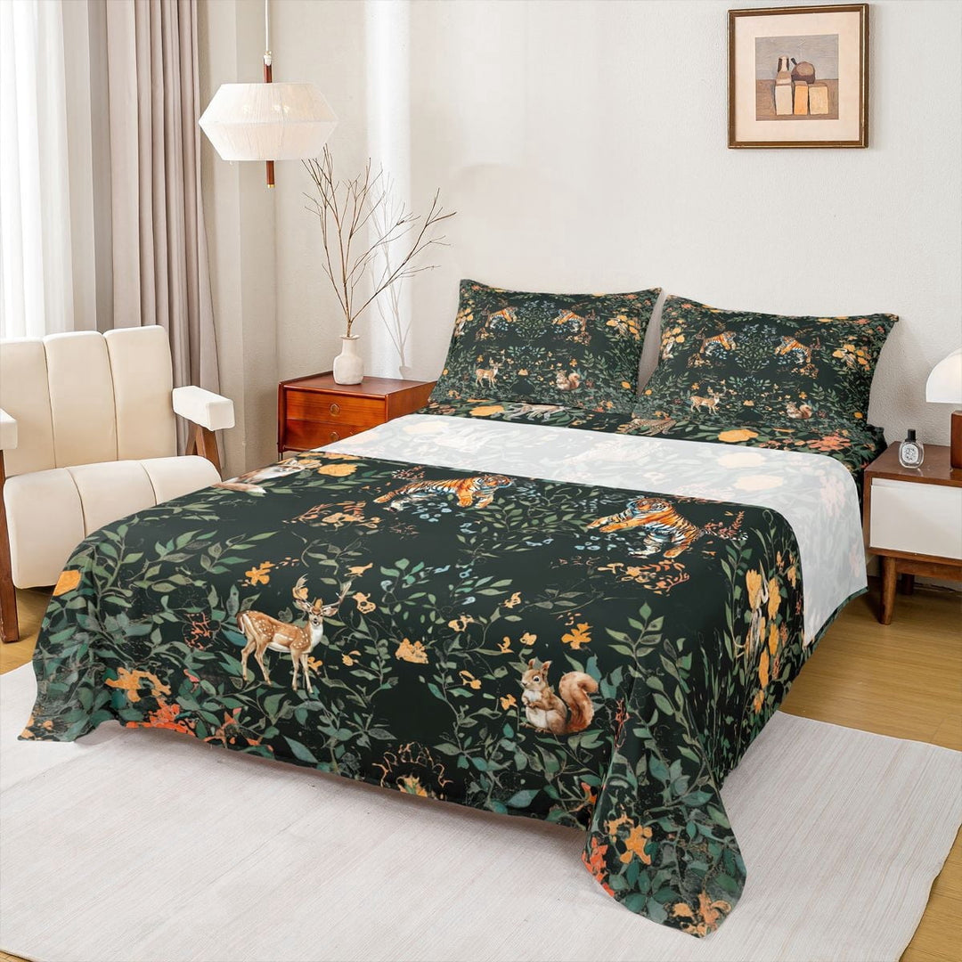 Erosebridal Vintage Floral Full Size Sheets, Wild Tiger Squirrel Moose Bed Sheets, 4 Pieces, 1 Flat Sheet 1 Fitted Sheet and 2 Pillowcases