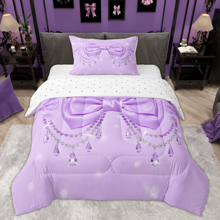 Erosebridal Purple Bowknot Girl Twin Comforter Sets, Glitter Print Stars Bedding Set, 2 Pieces