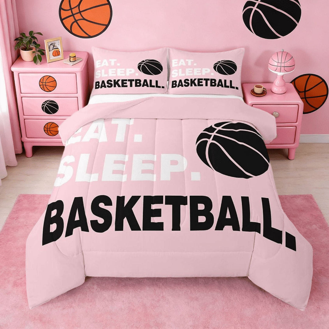 Manfei Basketball Pink Full Size Comforter Sets,Gaming Sports Ball Games Bedding Sets For Basketball Lover Reversible 3 Pieces