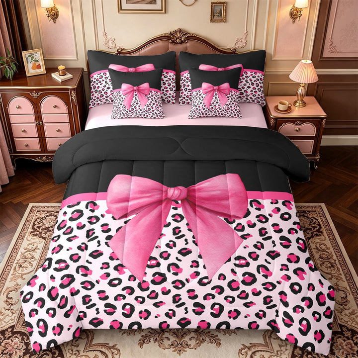 Manfei Chic Coquette Bow 7 Pieces Full Size Bedding Sets,Fashion Classic Cheetah Full Size Bed in a Bag,Pink Reversible