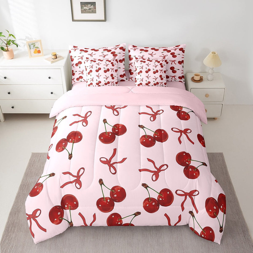 Erosebridal Dreamy Cherry Bedding Queen Size, Cartoon Bow Bed in a Bag Queen size, Princess Style Decor, Reversible 7 Pieces