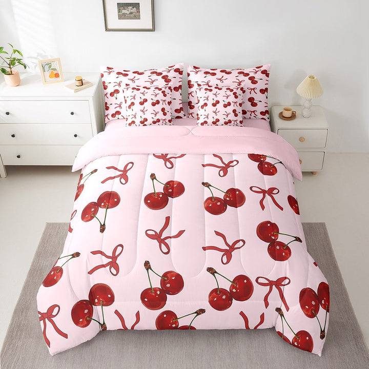 Erosebridal Dreamy Cherry Bedding Queen Size, Cartoon Bow Bed in a Bag Queen size, Princess Style Decor, Reversible 7 Pieces