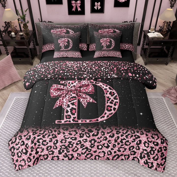 Erosebridal Cute Pink Leopard Print Twin Bedding Sets for Girls, Bowknot Letter D Bedding Comforter Set, Black Reversible 7-Piece