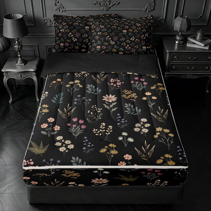 meiyoeat Delicate Floral Zipper Full Size Comforter Sets with Fitted Sheet and 2 Pillowcases For Girls,Gentle Wildflower Zipper Bedding Set,Multicolor Black,Black Reversible,4-Piece