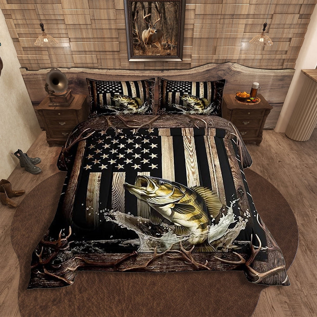 Erosebridal Vintage American Flag Comforter Set Twin Size,Hunting Fishing Teens Quilt Set Adult Room Decor,Rustic Farmhouse Wooden Striped Duvet Insert,Black Brown