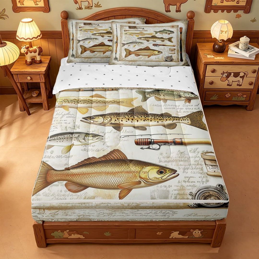 meiyoeat Retro Pike Pattern Zipper Twin Comforter Sets with Fitted Sheet and 2 Pillowcases For Kids,Classic Fish Art Zipper Bedding Set For Men,Reversible,4-Piece