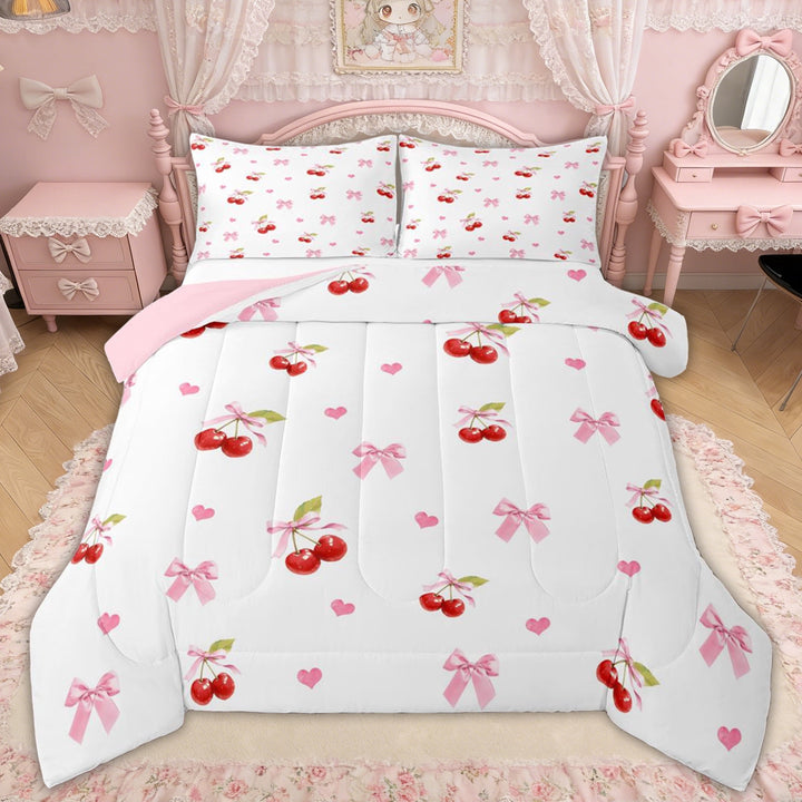 Erosebridal Princess Bowknot Full Size Comforter Sets for Girls Women, Kawaii Cherry Bow Bedding Sets, Pink Reversible, 3-Piece