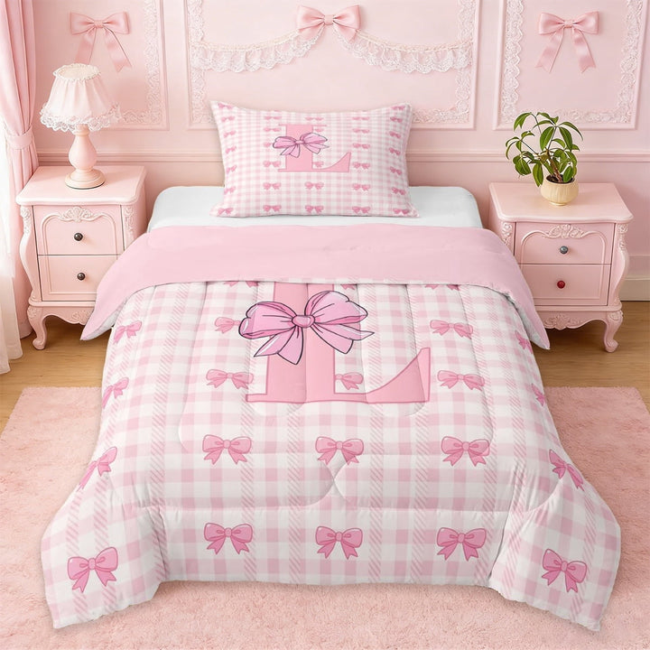 Erosebridal Letter L Monogrammed Twin Comforter Sets,Pink Princess Bow Bedding Set For Kids Girls,Pink Reversible,2 Pieces