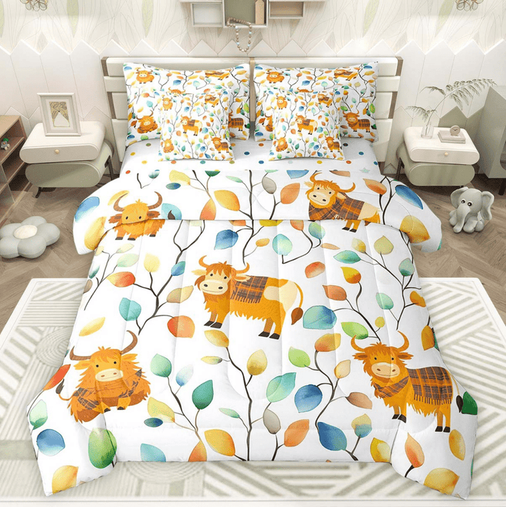 7Pcs Highland Cow Bedding Comforter Sets Boho Floral Bed in a Bag, Colorful Leaves Twin Bedding Sets Abstract Watercolor Plant Comforter Set, Farm Animal Bedding Sets &amp; Collections