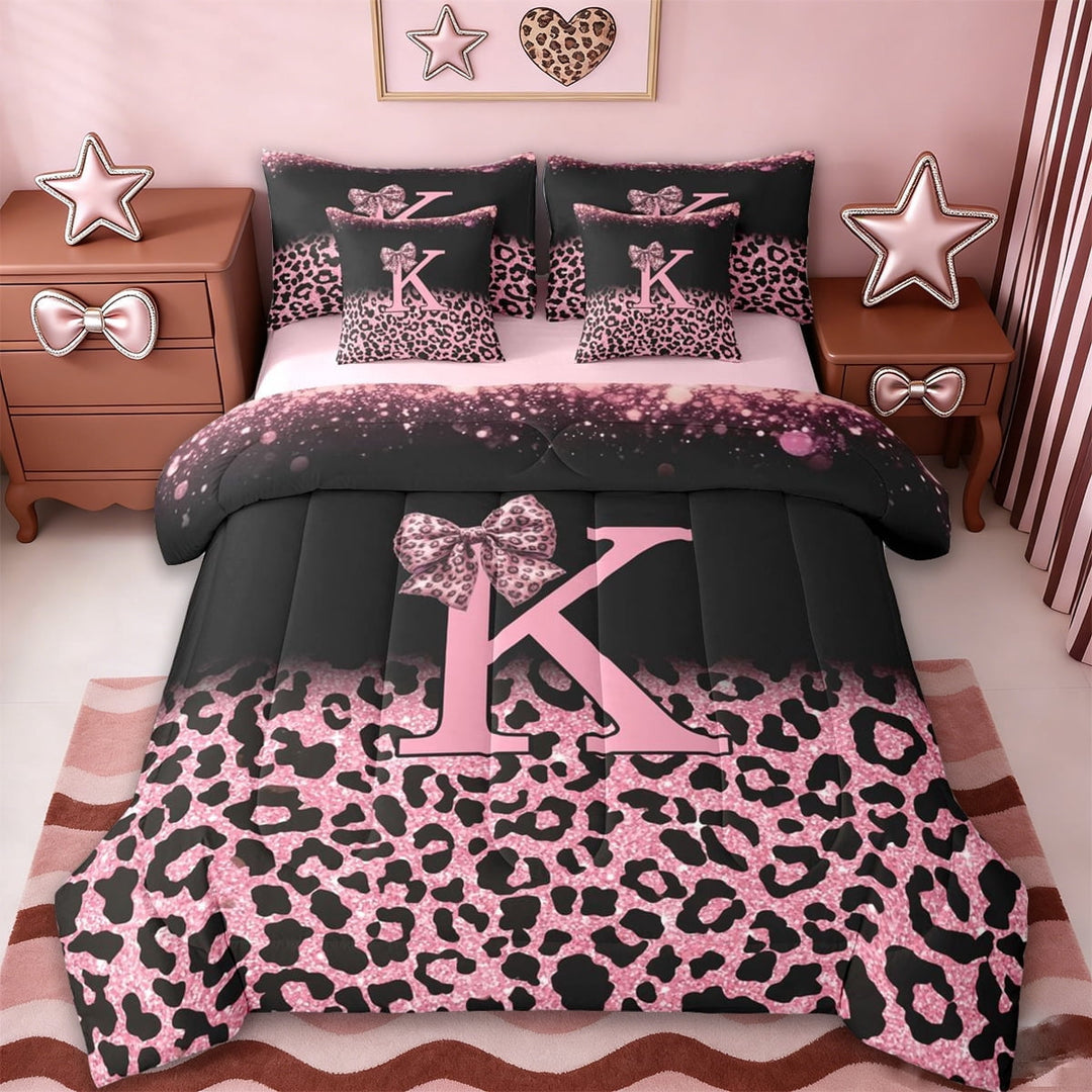 Erosebridal Fashion Letter K Monogrammed 7-Piece Twin Bedding Sets For Cheetah Lover,Kids Pink Leopard Pattern Bedding Comforter Set For Girls Women,Reversible pink