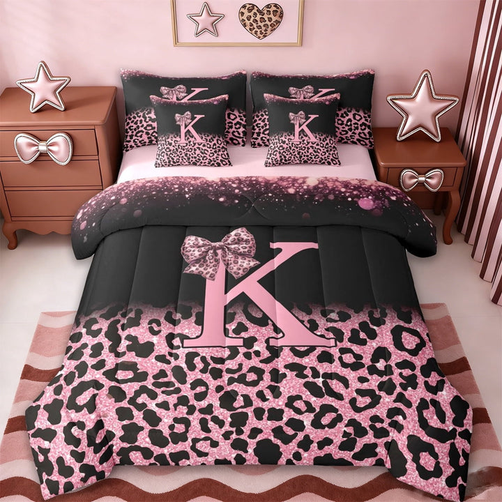 Erosebridal Fashion Letter K Monogrammed 7-Piece Twin Bedding Sets For Cheetah Lover,Kids Pink Leopard Pattern Bedding Comforter Set For Girls Women,Reversible pink