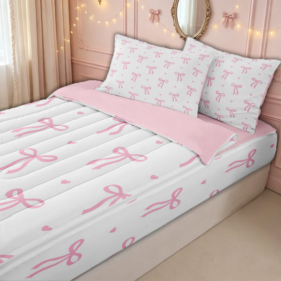 meiyoeat Kawaii Bow Zipper Twin Comforter Sets with Fitted Sheet and 2 Pillowcases for Kids Girls, Pink White Love Hearts Zipper Bedding Set for Bedroom, Pink ReversibleG
