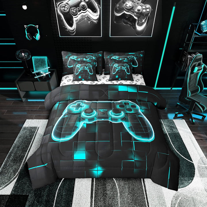 Bed in A Bag 7 Piece Neon Gamer Gifts Gamer Comforter Set Geometric Gamer Bedding Set(1 Comforter,2 Pillowcases,1 Flat Sheet,1 Fitted Sheet,2 Throw Pillow Covers)