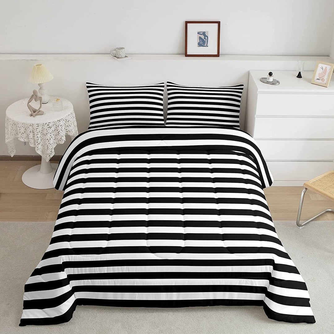Striped Comforter Set Black and White Stripe Bedding Set Queen Women Men Farmhouse Ticking Stripes Duvet Set Modern Geometric Lines Adults Abstract Gothic Home Decor Soft Reversible