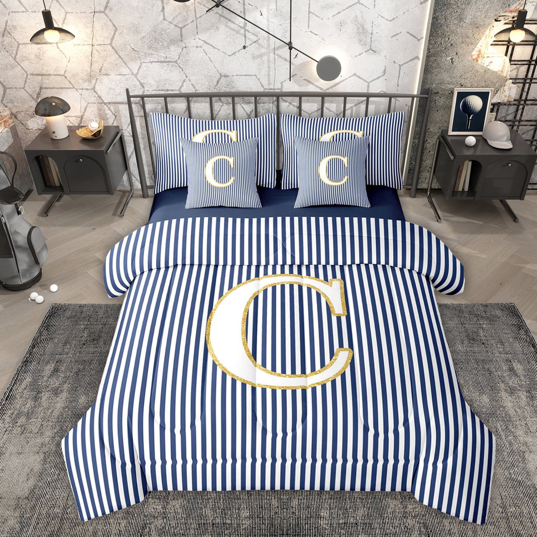 Erosebridal Fashion Letter C Twin Bedding Sets 7-Piece for Kid, Blue Cartoon Line Bedding Comforter Set
