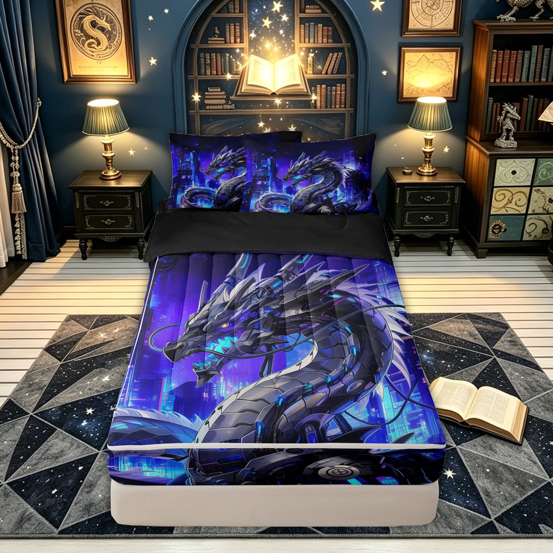 meiyoeat Magic Dragon Wildlife Zipper Comforter Set with Fitted Sheet and 2 Pillowcases for Boys, Futuristic City Zipper Bedding Set, Purple Blue, Black Reversible, 3-Piece