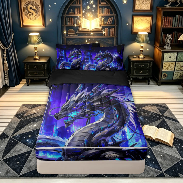 meiyoeat Magic Dragon Wildlife Zipper Comforter Set with Fitted Sheet and 2 Pillowcases for Boys, Futuristic City Zipper Bedding Set, Purple Blue, Black Reversible, 3-Piece