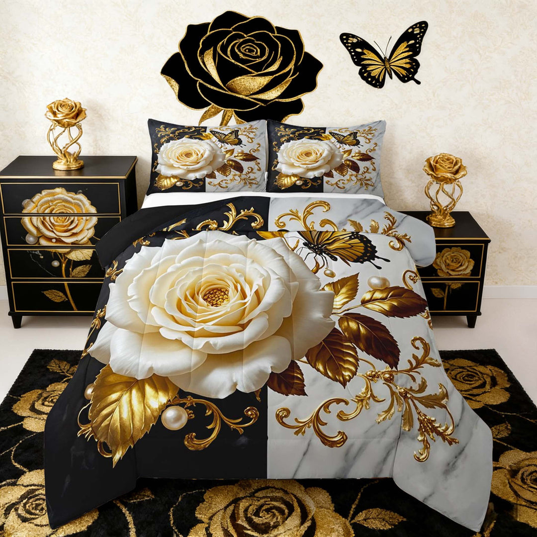 Manfei White Blossom Bedding Sets Full with Comforter, Gold Victorian Damask Duvet Insert, Black White Marble Comforter Sets Full Size, Lightweight Room Decor, 3pcs Reversible