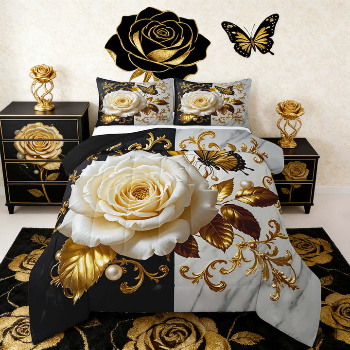 Manfei White Blossom Bedding Sets Full with Comforter, Gold Victorian Damask Duvet Insert, Black White Marble Comforter Sets Full Size, Lightweight Room Decor, 3pcs Reversible