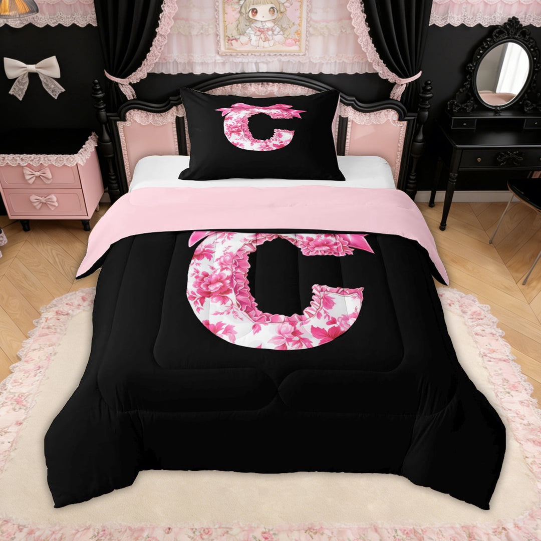 Erosebridal Floral Bow Letter C Twin Comforter Sets for Girls, Pink Initial Ribbon Bedding Set, Reversible, 2 Pieces