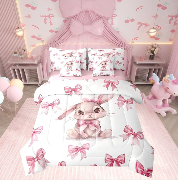 Erosebridal Cartoon Rabbit Bedding Twin Comforter Set, Pink Bow-tie Down Comforter, Cute Animal Decor, Reversible 7pcs