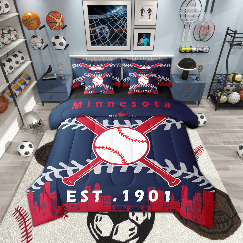 Erosebridal 7 Pcs Comforter Set Full Size,Baseball Team Bed in a Bag with Flat Sheet and Fitted Sheet and Adults,Baseball Bedding Set with Pillowcase and Sham(Minnesota)