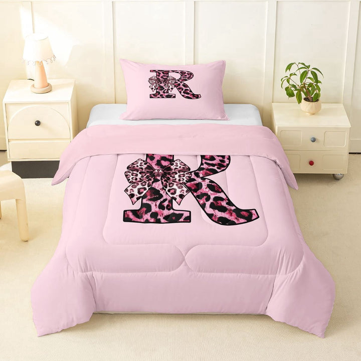 Erosebridal Girls Black Pink R Letter Monogrammed Twin Comforter Sets 3-Piece,Kids Cheetah Print Bow Tie Bedding Set,Pink Reversible