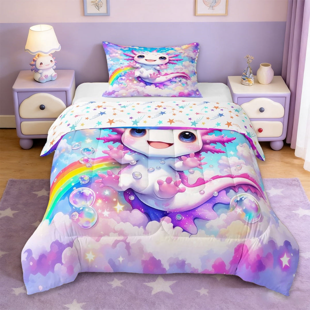Erosebridal Pink Purple Axolotl Twin Comforter Sets,Cartoon Rainbow Print Bedding Set For Kids, Reversible 2pcs
