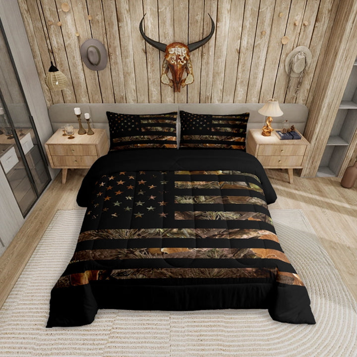 American Flag Camo Comforter Set Full,Military Hunting Bedding Set Rustic Trees Leaves Camouflage Comforter Teens Man Bedroom Nature Conifer Oak Branches Bedding Quilt Set 3 Pcs
