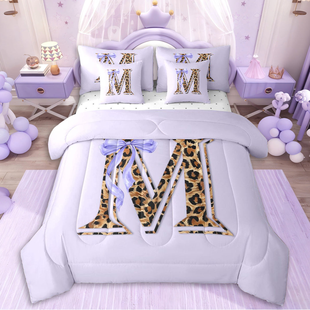 Erosebridal Purple Bowknot Letter Monogrammed M Twin Bedding Sets 7-Piece For Girls,Teens Animal Leopard Print Bedding Comforter Set,Super Cozy Room Decor