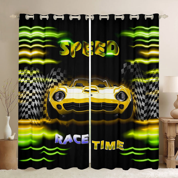 Erosebridal Fast Car Curtains Pack of 2 (42Wx63L),Yellow Green Black Out Curtains,Car Theme Curtains for Living Room,Geometric Room Decorative