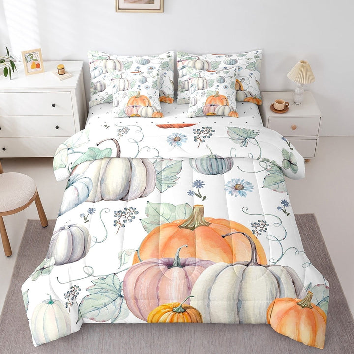 Erosebridal Pumpkin Comforter Set 7 Piece,Farmhouse Harvest Thanksgiving Bedding Set,Rustic Fall Pumpkin Bed in a Bag,Botanical Leaf Sheet Set,Autumnal Crop Pastoral Theme Flat Fitted Sheet,Queen