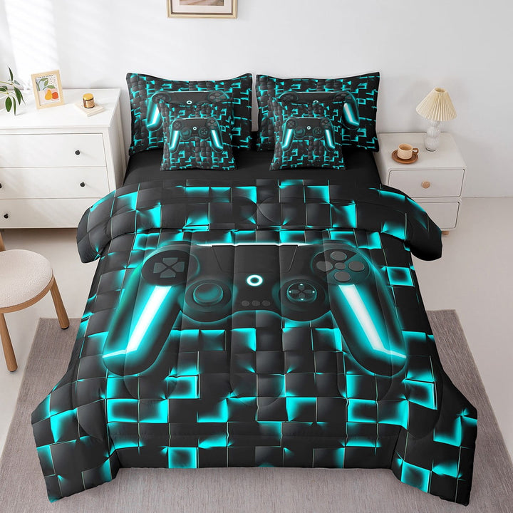 Gamer Bedding Twin 7-Piece, Glowing Plaid Print, Blue Checkered, Black Reversible