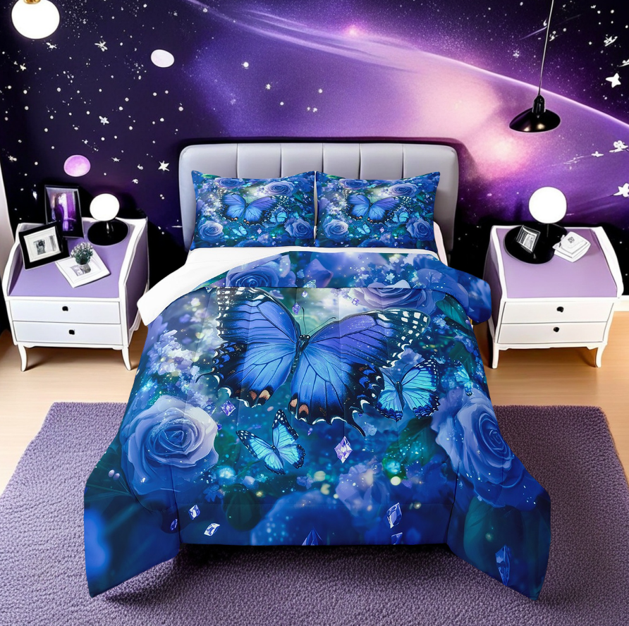 Butterfly Bedding Set Blue Flowers Full Comforter Sets,Bohemian Glitter Starry Down Comforter Botanical Leaves Quilt Set