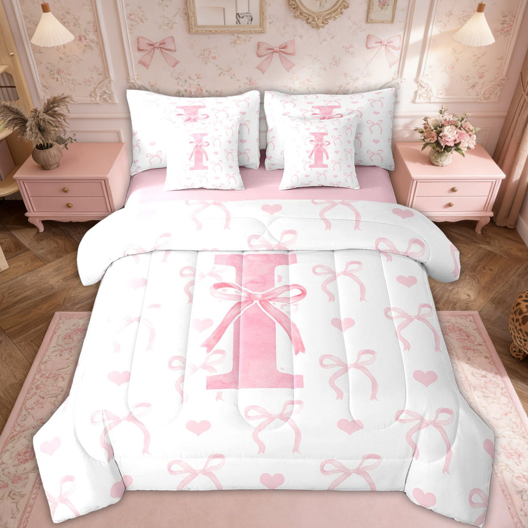 Erosebridal Pink Bowknot Bedding Sets Twin Size, Initial I Letter Comforter Sets with Sheets, Cute Love Decor, Reversible 7pcs