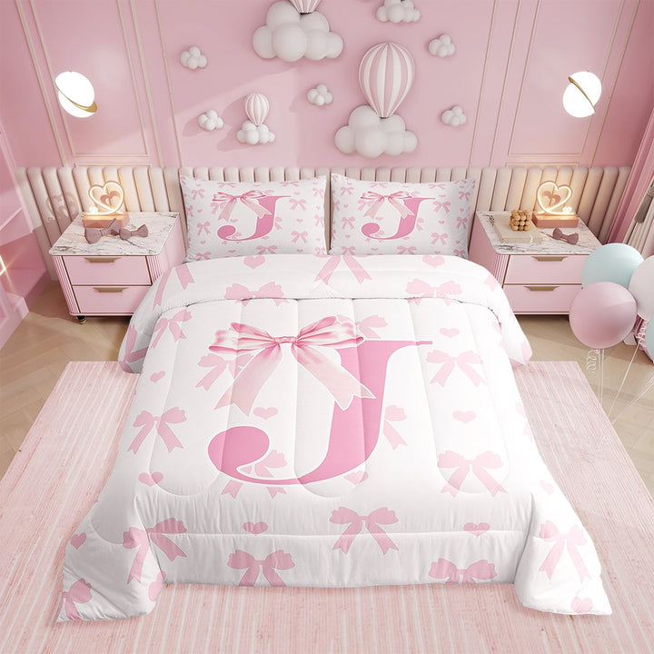 Initial Letter J Comforter Set,Princess Style Pink Bowknot Girly Romantic Bedding Set All Season,Dreamy Bow Love Hearts Kawaii Pink Comforter 2 Pcs with 1 Pillowcase,Twin Size