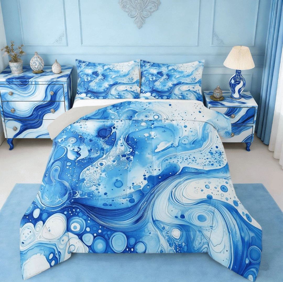 jejeloiu Blue Splatter Ink Queen Comforter Set,Watercolor Splashing Ink Bedding Sets,Modern Aesthetic Art Bedding Comforter Set For Adult,Luxury Bedroom Decor Reversible,3pcs