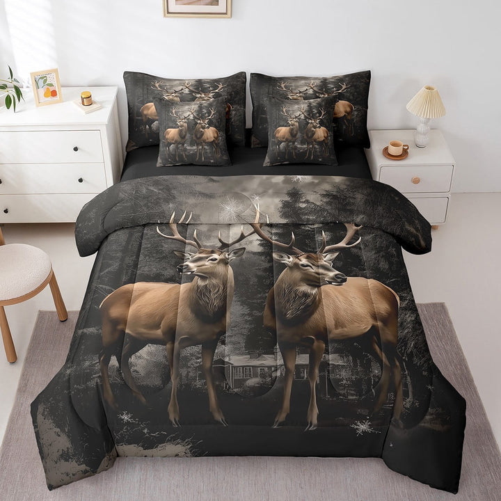 Deer Bed in a Bag Queen Size Wildlife Elk Bedding Sets 7 Piece Hunting Themed Comforter Set with Sheets for Adult Women Teen Western Farmstyle Bed Set 3D Animal Deer Sheets