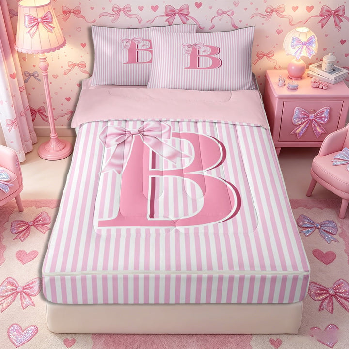 Meiyoeat Lovely Bow Letter B Zipper Full Size Comforter Sets with Fitted Sheet and 2 Pillowcases for Girls Teens, Gentle Stripe Zipper Bedding Set, Light Pink White,4pcs,Pink Reversible