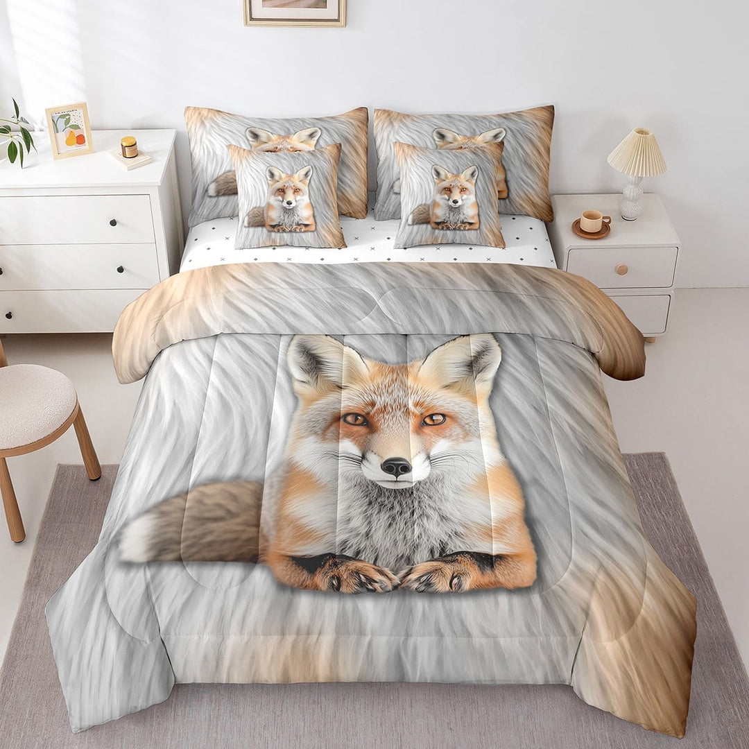 7Pcs Fox Bed In A Bag,Fox Hide Pattern Comforter Set,Jungle Animal Bedding Set Queen Size,Woodland Wildlife Theme Quilt with Flat Fitted Sheet,White Brown Pillow Covers