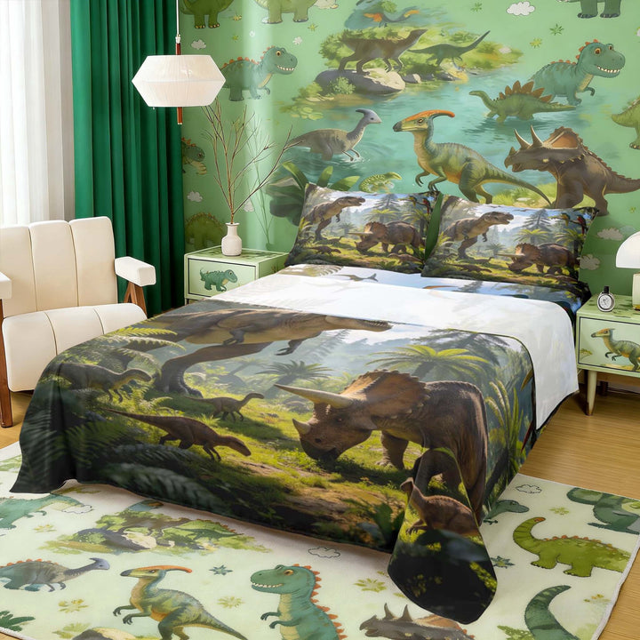 Erosebridal Tyrannosaurus Rex Pterosauria Full Size Sheets, Triceratops Dinosaur Bed Sheets, 4pcs (1 Flat Sheet, 1 Fitted Sheet and 2 Pillowcases)