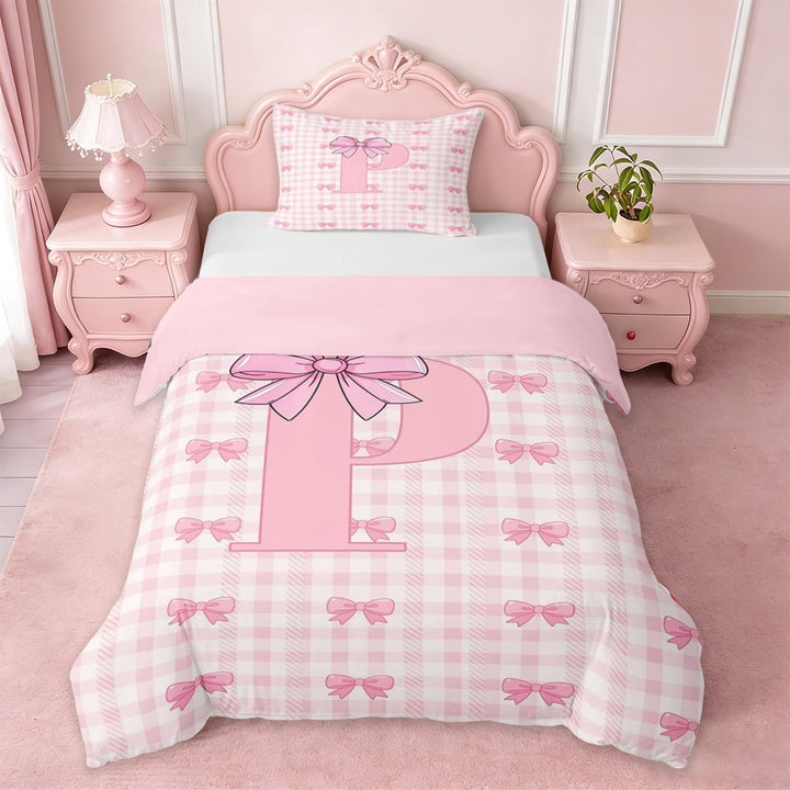 Erosebridal Letter P Initial Twin Bedding For Kids Girls,Pink Geometric Grid Print Duvet Cover Set,Pink Reversible,2pcs(No Comforter)