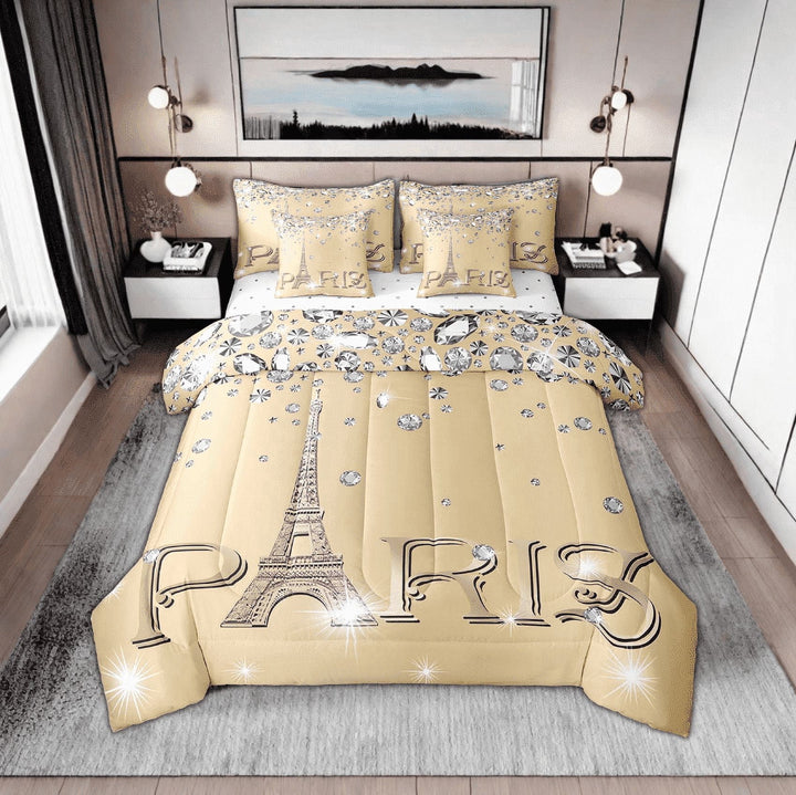 Erosebridal Paris Comforter Set Full for Women,Girly Glitter Eiffel Tower Bed in A Bag for Valentine&