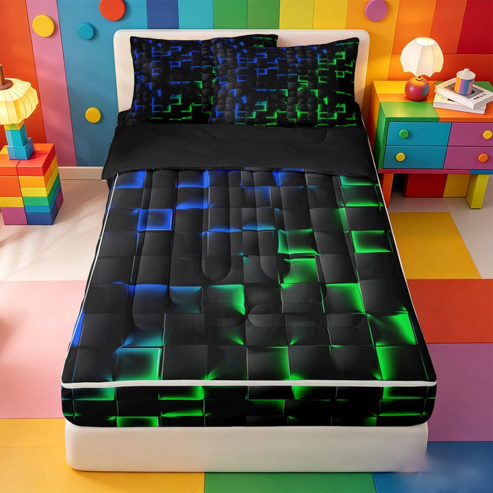 meiyoeat 3D Buffalo Plaid Zipper Full Size Comforter Sets with Fitted Sheet and 2 Pillowcases For Kids,Green Blue Geometric Pattern Zipper Bedding Set For Boys,Black Reversible,4-Piece