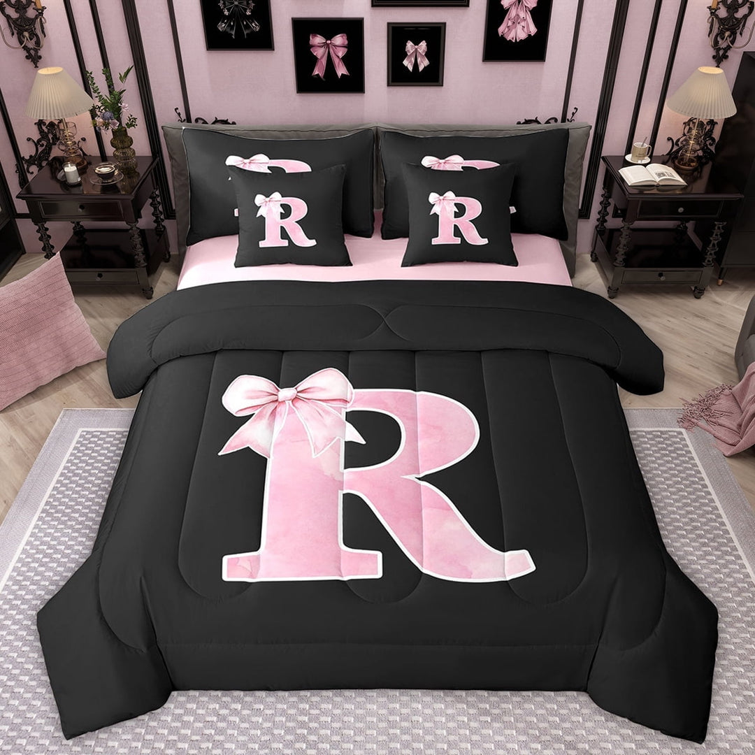Manfei Cute Girls Bowknot Bowtie Bedding Comforter Set 7 Pieces, Monogrammed Full Bedding Set, Personalized Letter R Fitted Sheet Flat Sheet, Lightweight Bedroom Decor