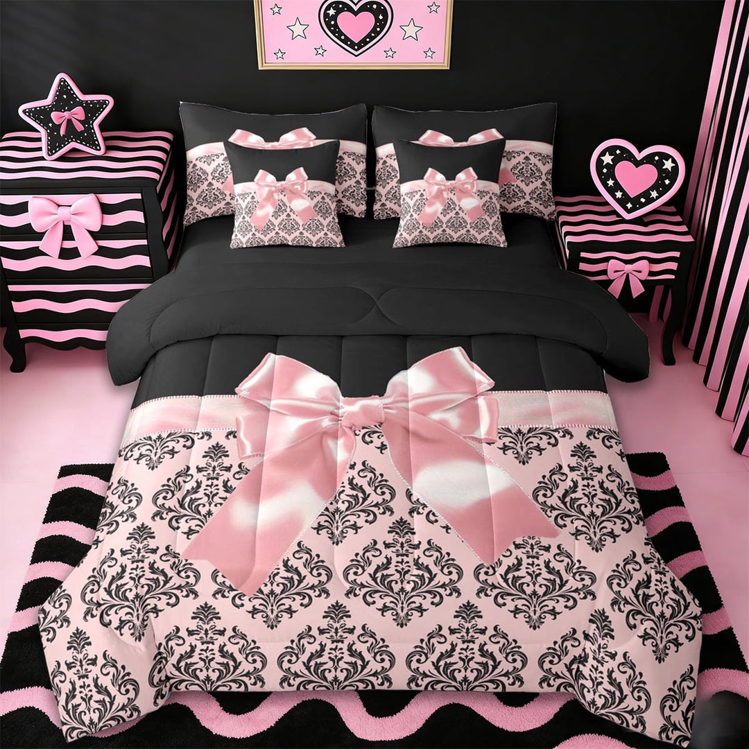 Erosebridal Adults Black Damask 7-Piece Twin Bedding Sets,Pink Bowknot Bedding Comforter Set For Girls Kids,Reversible black