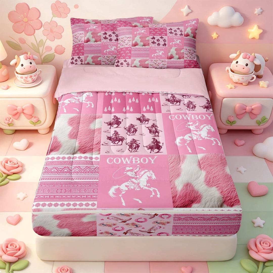 meiyoeat Pink Western Cowgirl Zipper Twin Comforter Sets with Fitted Sheet and 2 Pillowcases,Cow Print Patchwork Plaid Zipper Bedding Set,Pink Reversible,4pcs